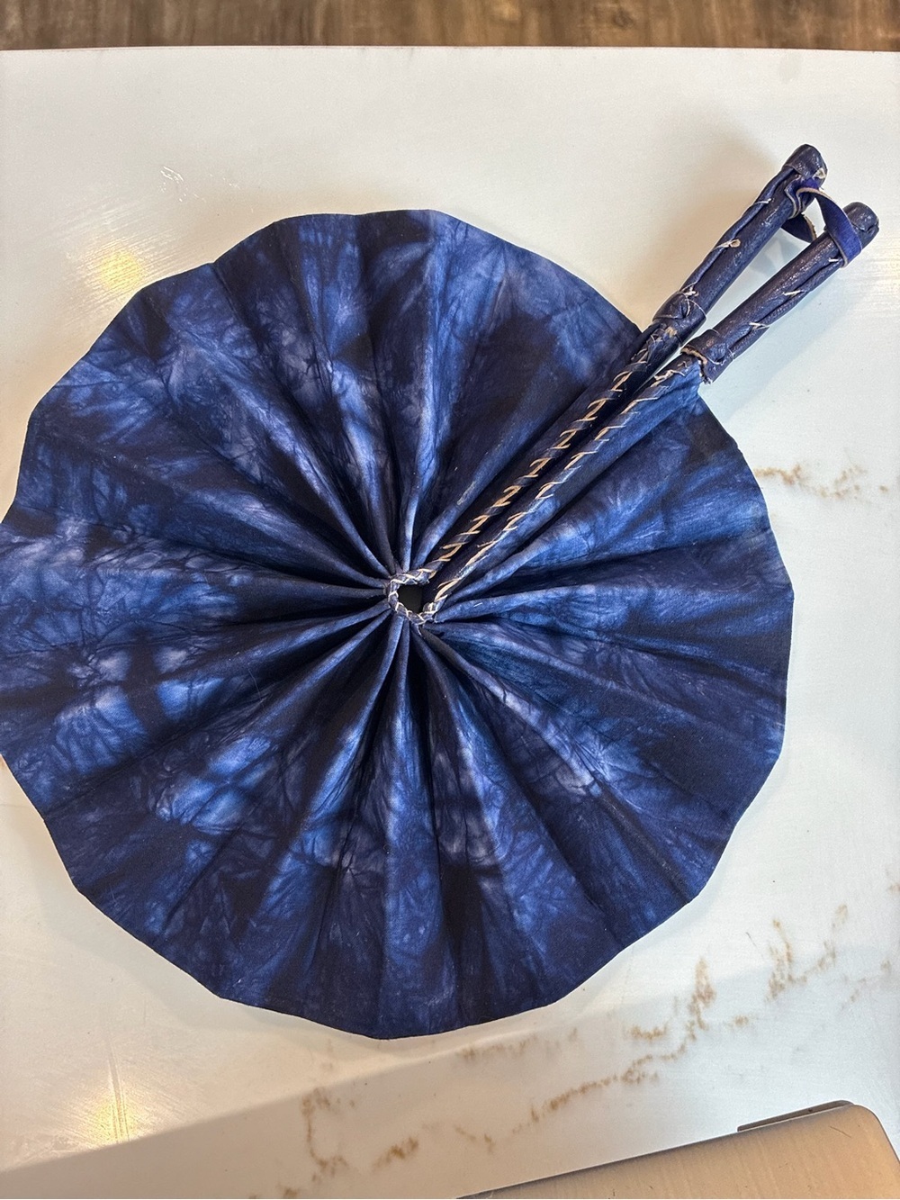 Vintage Handcrafted Indigo Tie-Dye Decorative Fan - Blue